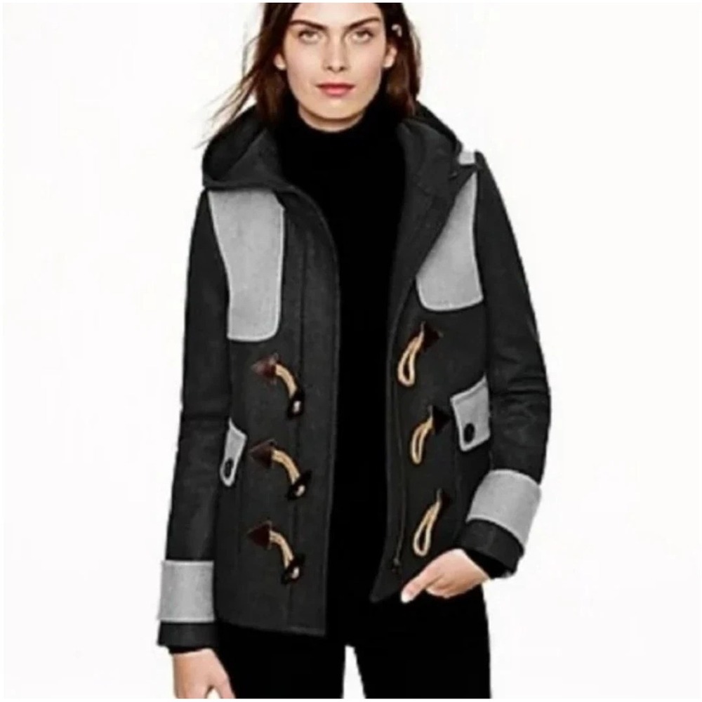 J.Crew Women's Melton Wool Gray Hooded Peacoat Jacket Size 8 Toggle ColorBlock
